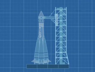 An illustration of a rocket on a blueprint background